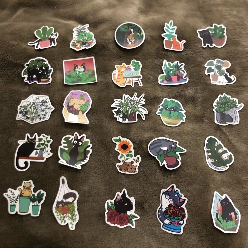 25 Cat & Plant Theme No Repeat Stickers